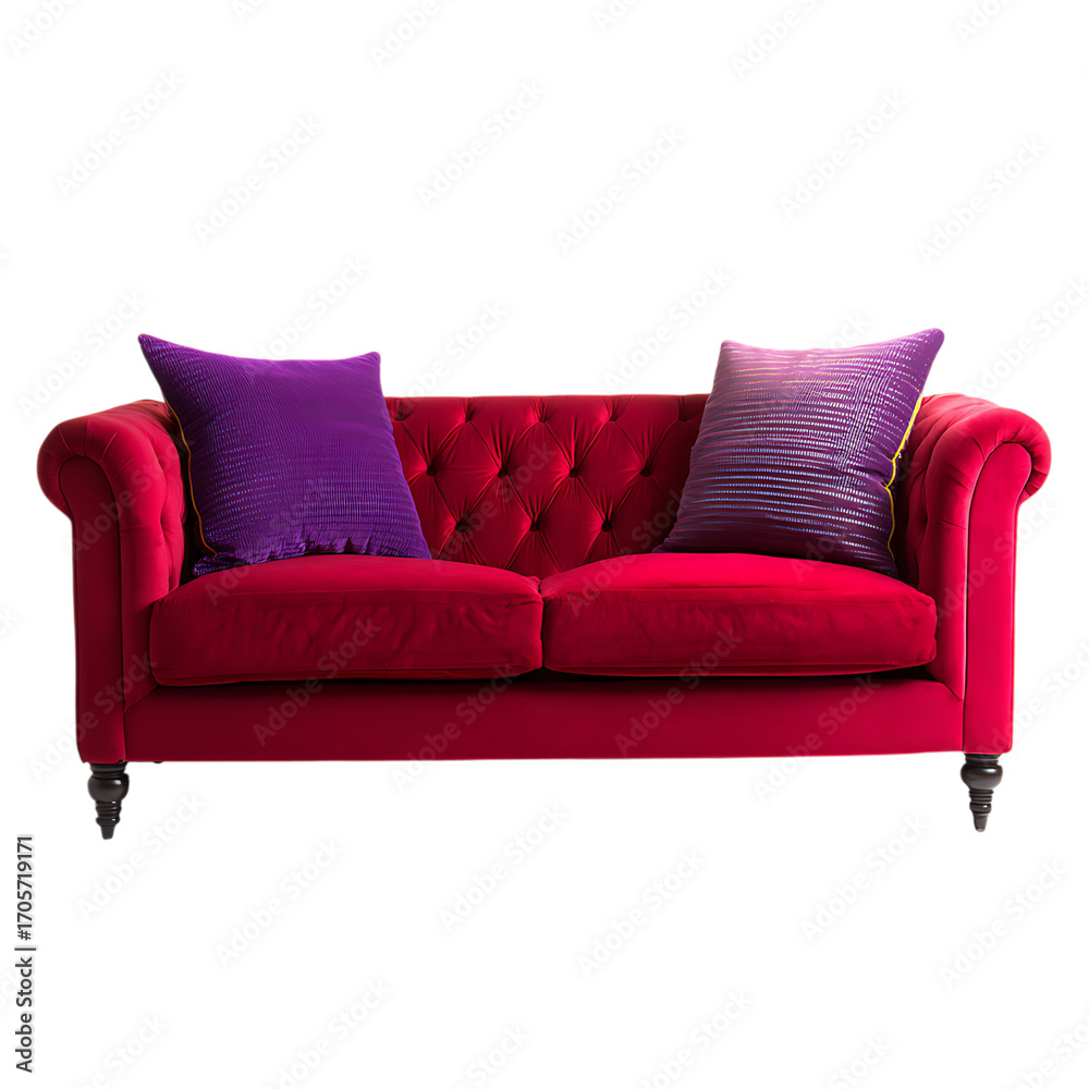 Fototapeta premium Luxurious red velvet chesterfield sofa with purple accent pillows elegant living room furniture isolated on transparent background