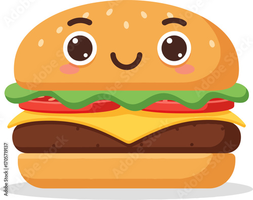 Cute Flat Design Smiling Burger with Emoticon Face Food Illustration