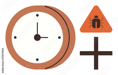 Clock indicating time, orange triangle with bug, and a cross signifying error. Ideal for software issues, debugging, deadlines, alarms, development caution time-sensitive problem. Simple flat