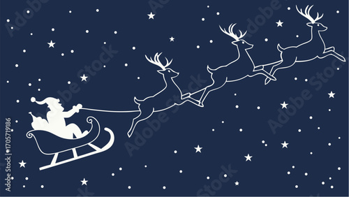 Santa claus riding in a sleigh pulled by reindeers flying through the night sky with stars all around silhouette
