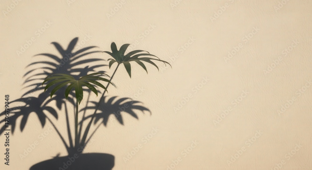 Naklejka premium Soft Green Plant Shadow on Smooth Beige Wall with Warm Natural Light and Gentle Texture