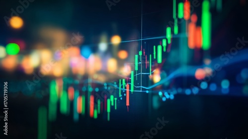 Dynamic stock market trends with vibrant red and green candlestick bars, glowing bokeh background in amber and blue,