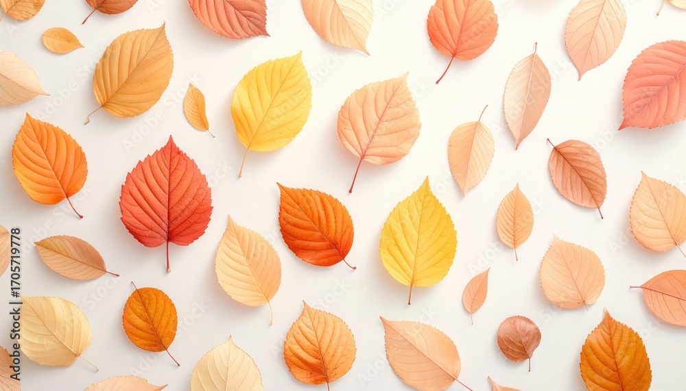 Fototapeta premium A visually appealing arrangement of autumn leaves in various warm shades, creating a delightful fall pattern on a plain white background.