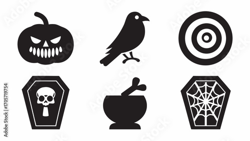 A halloween themed icon set featuring a pumpkin, raven, target, coffin, mortar and pestle, and spiderweb silhouette