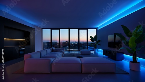 Modern living room interior with elegant sectional sofa plants and atmospheric blue led lighting