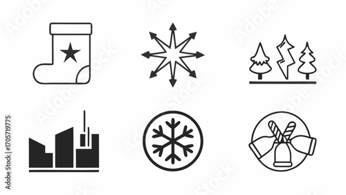 Illustration collection featuring a christmas stocking, snowflake, forest, city, and jingle bells icon set silhouette