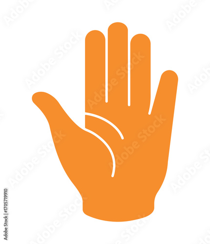 Simple orange hand icon with an open palm. A flat graphic symbol for stop gestures, warnings, high fives, and greeting concepts.