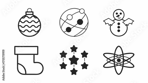Illustration of christmas ornament global network snowman stocking star cluster and atom design elements silhouette
