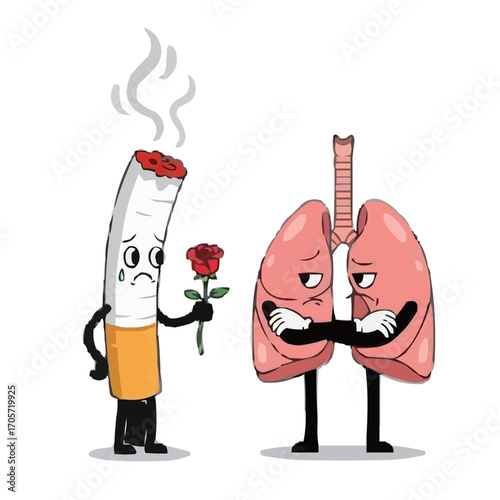 Sad Cigarette in Love with Ignoring Lungs Vector Illustration