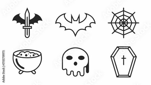 Six halloween themed icons including a bat with sword, bat outline, spiderweb, cauldron, ghost and coffin silhouette