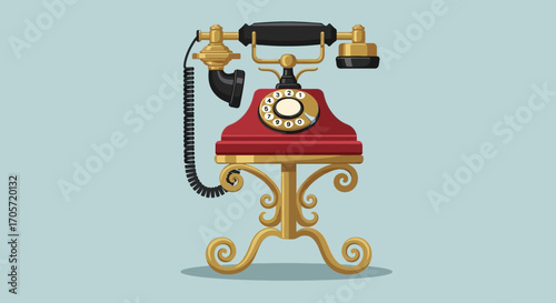 Vintage Red Rotary Telephone on Ornate Golden Stand.