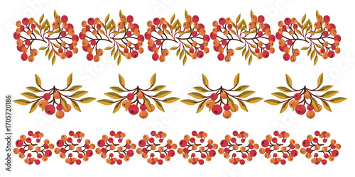 Flat vector set of horizontal dividers with red rowan branches and berries in deep red and olive tones. Perfect for autumn cards, banners, posters, and seasonal decor.
