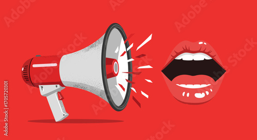 Megaphone and open mouth on red background.