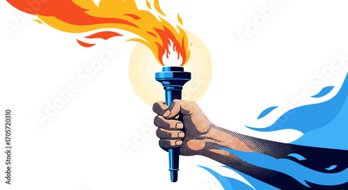 Hand holding a flaming torch with water elements.