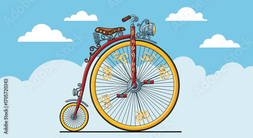 Vintage Penny Farthing High Wheel Bicycle Illustration.