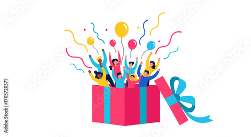 Surprise Gift Box Exploding with Happy People and Balloons.