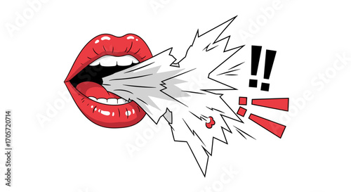Woman speaking loudly with speech bubble and exclamation marks.