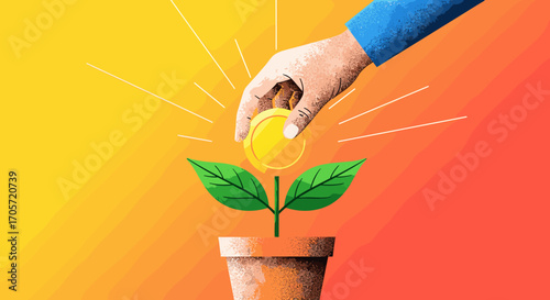 Hand planting a coin into a growing plant in a pot.
