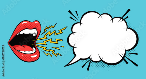 Open Mouth Speaking Sound Waves Speech Bubble Pop Art.