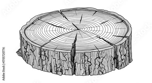 Detailed illustration of a tree stump with visible growth rings and bark texture.