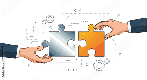 Two hands connecting puzzle pieces symbolizing business partnership and teamwork.
