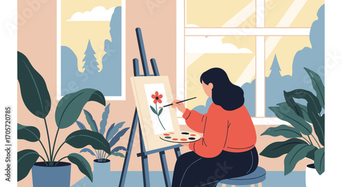Woman painting a flower on canvas in a bright studio with plants.