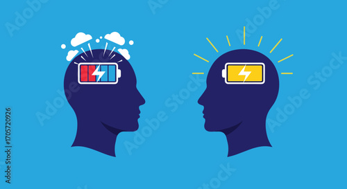 Mental energy levels comparison between two people illustration.