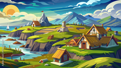 L’Anse aux Meadows, Newfoundland, Canada, preserves Norse timber-and-sod dwellings surrounded by rugged tundra and a windswept coastline beneath low Arctic clouds.