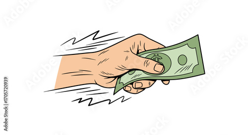 Hand holding a dollar bill with motion lines.