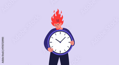 Person with head on fire holding a clock stressed about time.