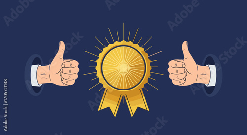Golden Award Ribbon with Thumbs Up Approval.