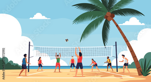 Beach Volleyball Game Under Palm Tree on Sunny Day.
