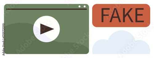 Video player window with play button beside bold FAKE warning above cloud. Ideal for misinformation, media literacy, online scams, critical thinking, digital safety, content integrity, simple flat
