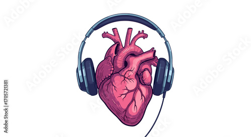 Human Heart Wearing Headphones Listening to Music.