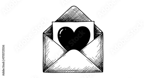 Hand Drawn Open Envelope with Heart Symbol Inside.