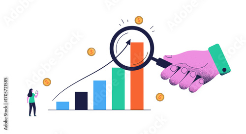 Business Growth Analysis Magnified Chart with Coins and Person.