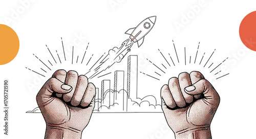 Fist Pump Rocket Launch Business Growth Success Concept.
