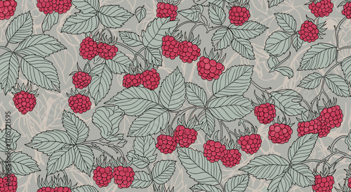 Seamless Pattern of Ripe Red Raspberries and Green Leaves.