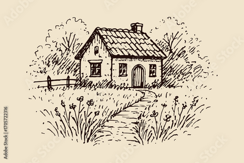 Country cottage rustic sketch black on beige vector illustration