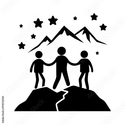 Three people holding hands on rocky mountain under stars  