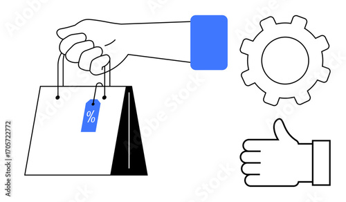 Hand holding shopping bag with discount tag, gear for process optimization, thumbs-up for approval. Ideal for e-commerce, sales, business solutions, consumer engagement, marketing, optimization