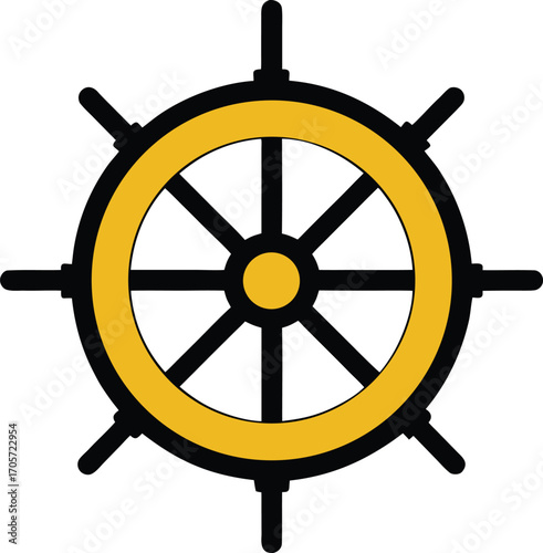 Ship’s wheel with wooden texture and eight spokes, nautical theme, maritime travel icon.
