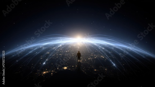 A silhouetted figure stands overlooking a planet illuminated by glowing lines connecting points. Cosmic view. Starry night sky