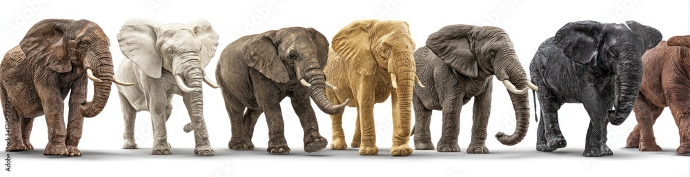 Fototapeta premium A diverse line of elephants standing side-by-side, each exhibiting a unique hue, showcasing shades from brown to gray to tan, creating a rainbow of pachyderms