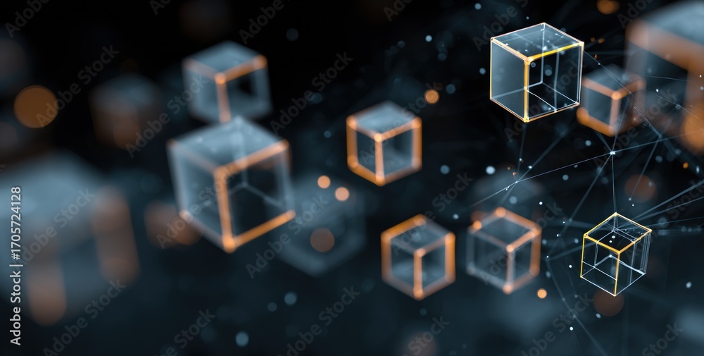 Fototapeta premium Abstract digital rendering of semi-transparent cubes interconnected by lines against a dark background, with bokeh elements