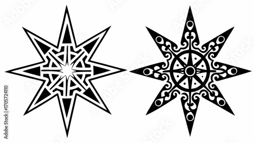 Two eight pointed star designs in black and white with geometric and ornate patterns side by side design silhouette
