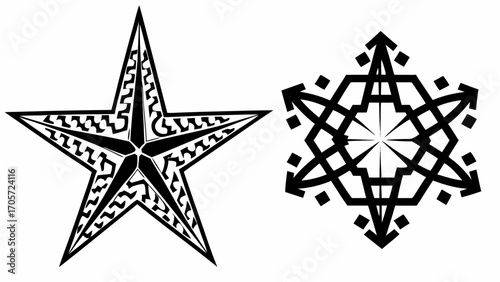 A five pointed star with intricate patterns and a six pointed star with arrow like extensions design silhouette