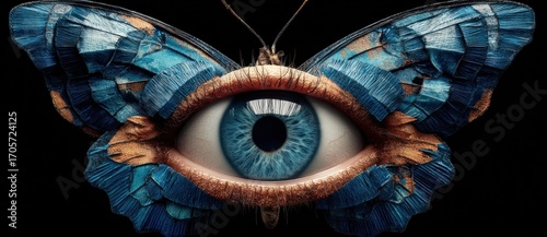 A large, blue, photo-realistic eye with textured butterfly wings extending out, against a black background