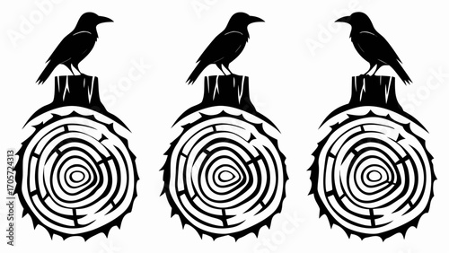 Three stylized ravens perched on tree stumps with maze like rings in black and white illustration art silhouette