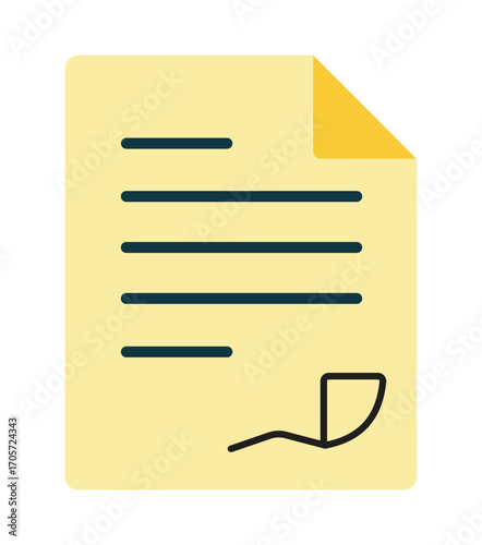 Modern flat design icon of a signed document or contract. A simple graphic symbol for legal agreements, business deals, and official approvals.
